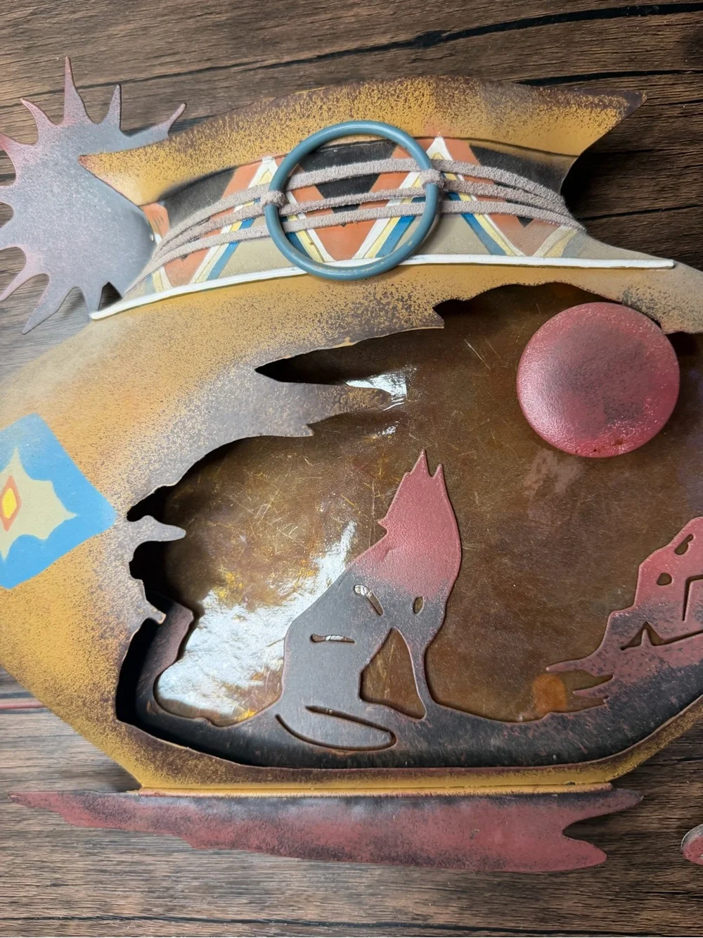 Vintage Southwestern Metal Wall Art - Desert Scene in Rust, Yellow, Blue